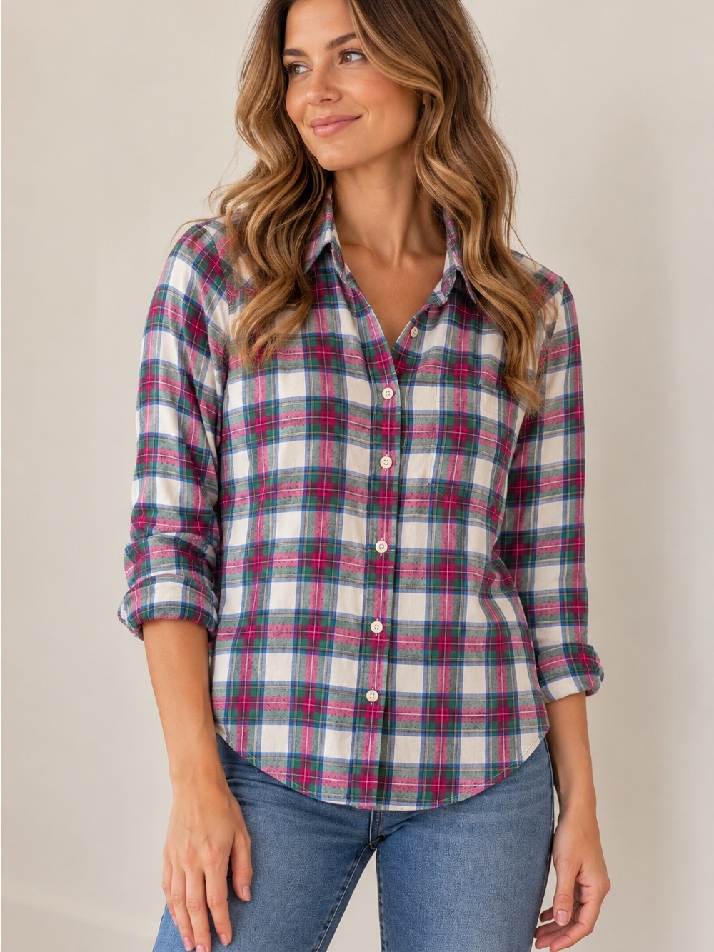 J. Crew White, Pink, and Green Plaid Button-Down Flannel Shirt